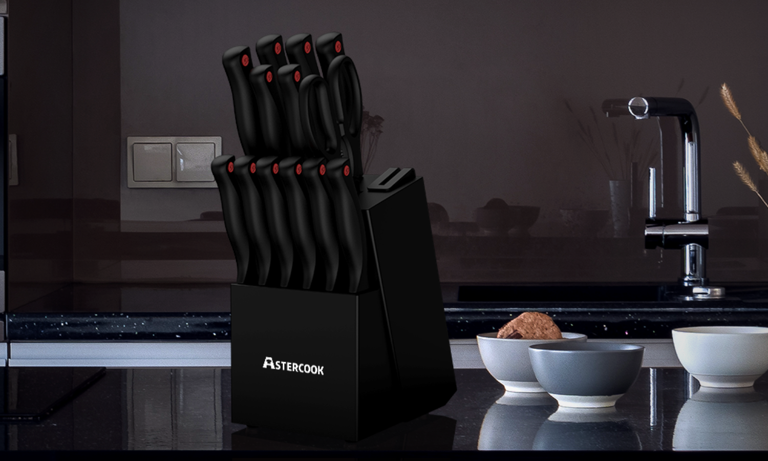 Astercook Knife Set with Built-in Sharpener Block, Black