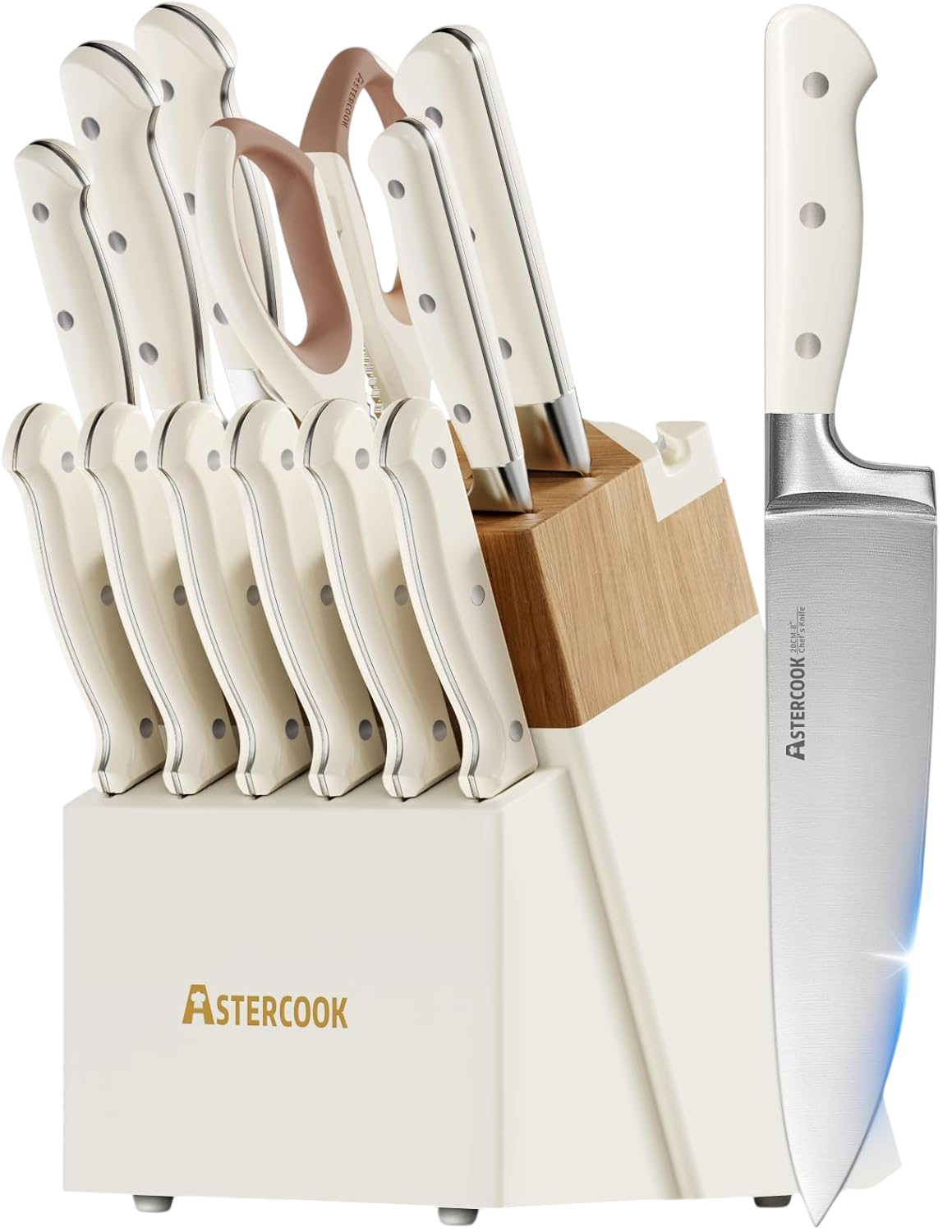 Knife Set with Block 14-Piece Full White Astercook knives