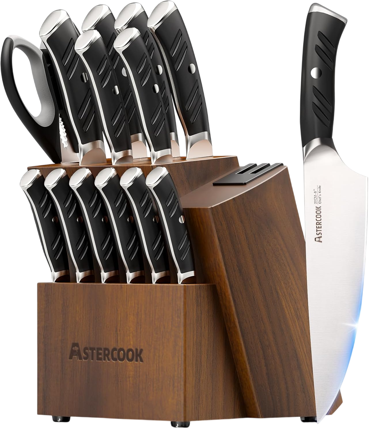 Knife Set with Block and Dual Sharpener Full Tang 15 Pcs Astercook knives